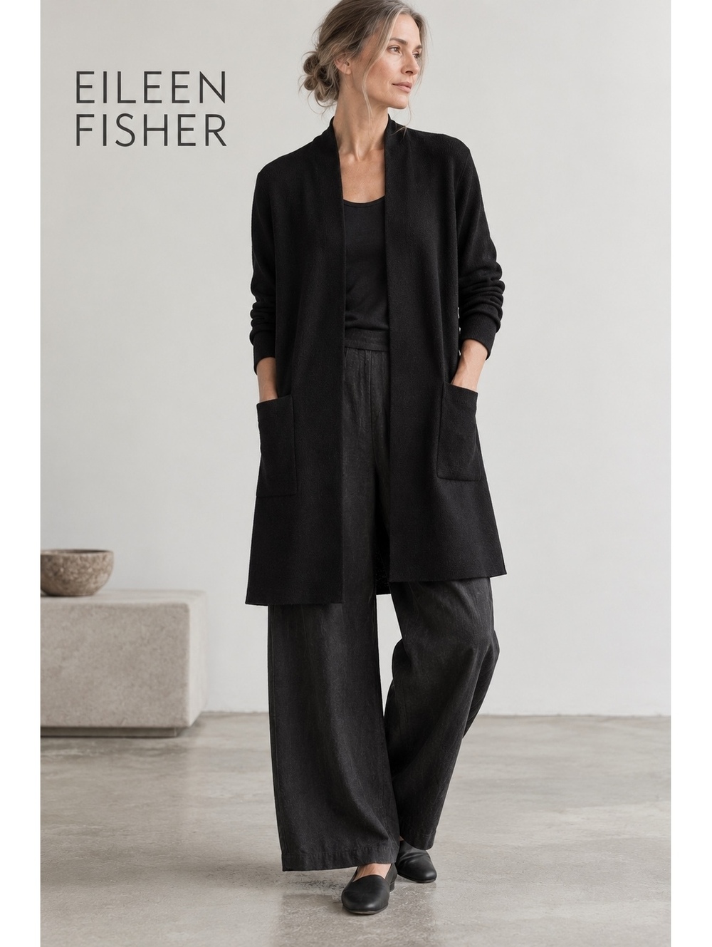 Eileen Fisher Women M Black 100% Wool Long Open Front Cardigan Sweater Coat